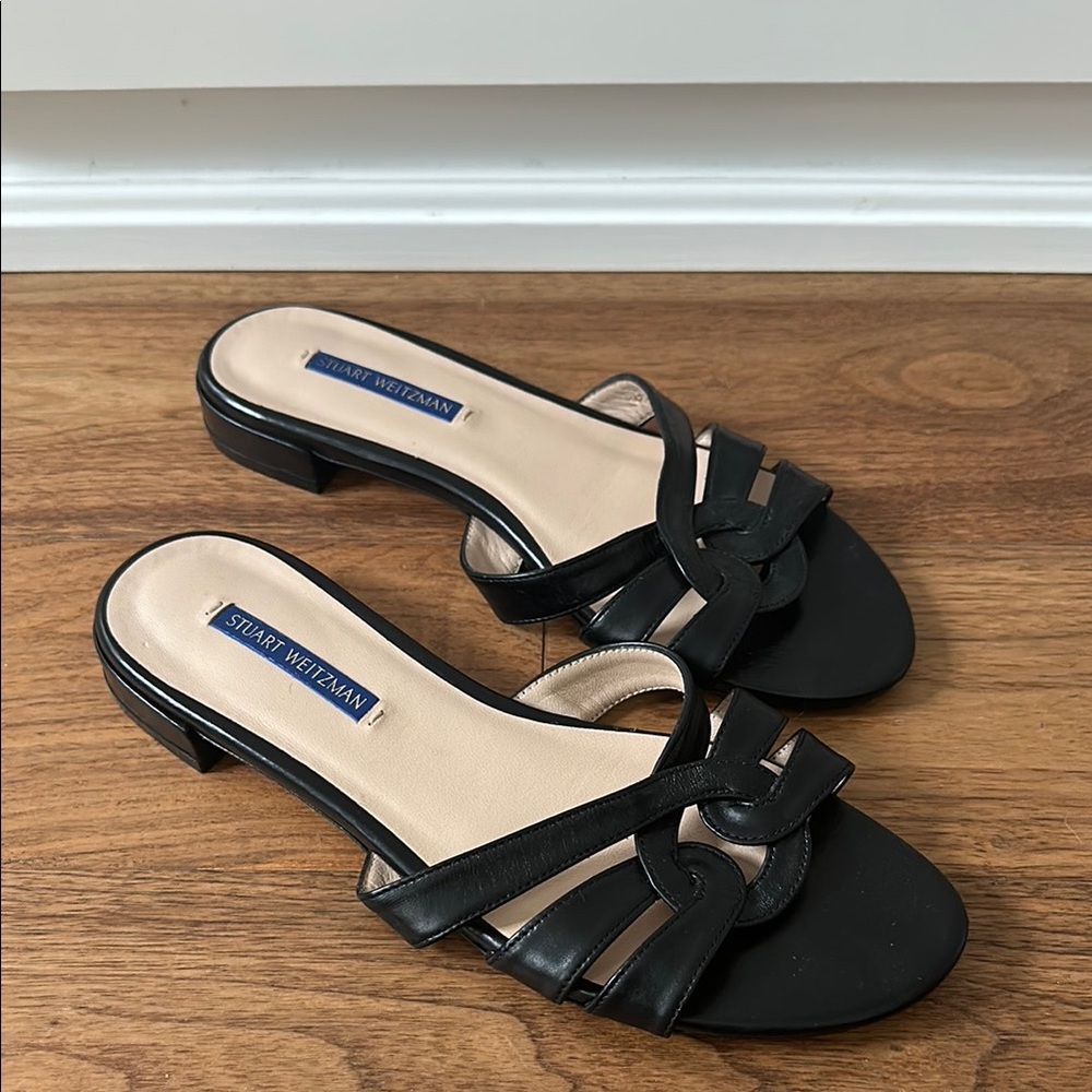 Stuart Weitzman Black Leather Knot Slide Sandals